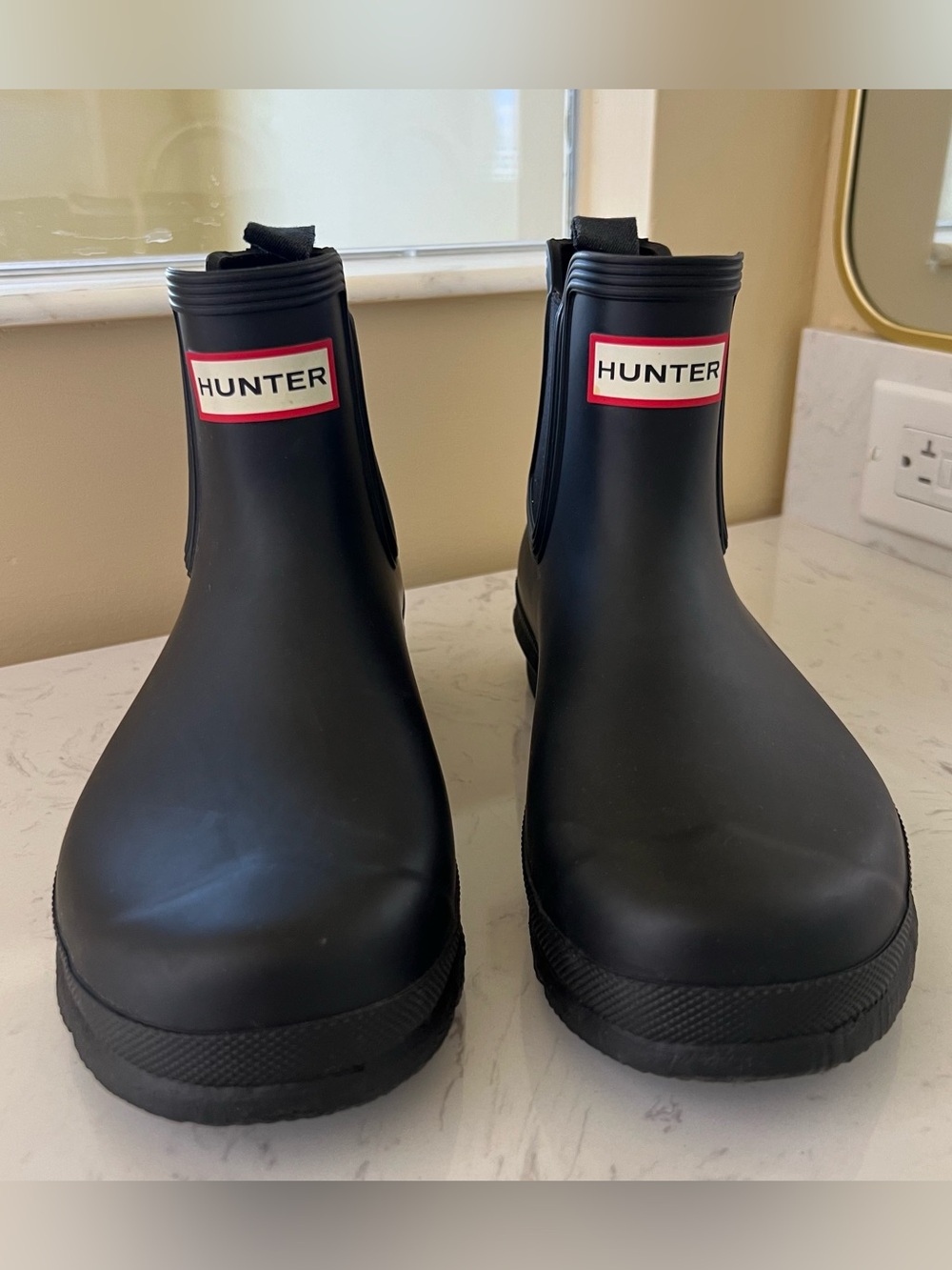 Hunter Black Chelsea Ankle Rain Boots with Red Logo